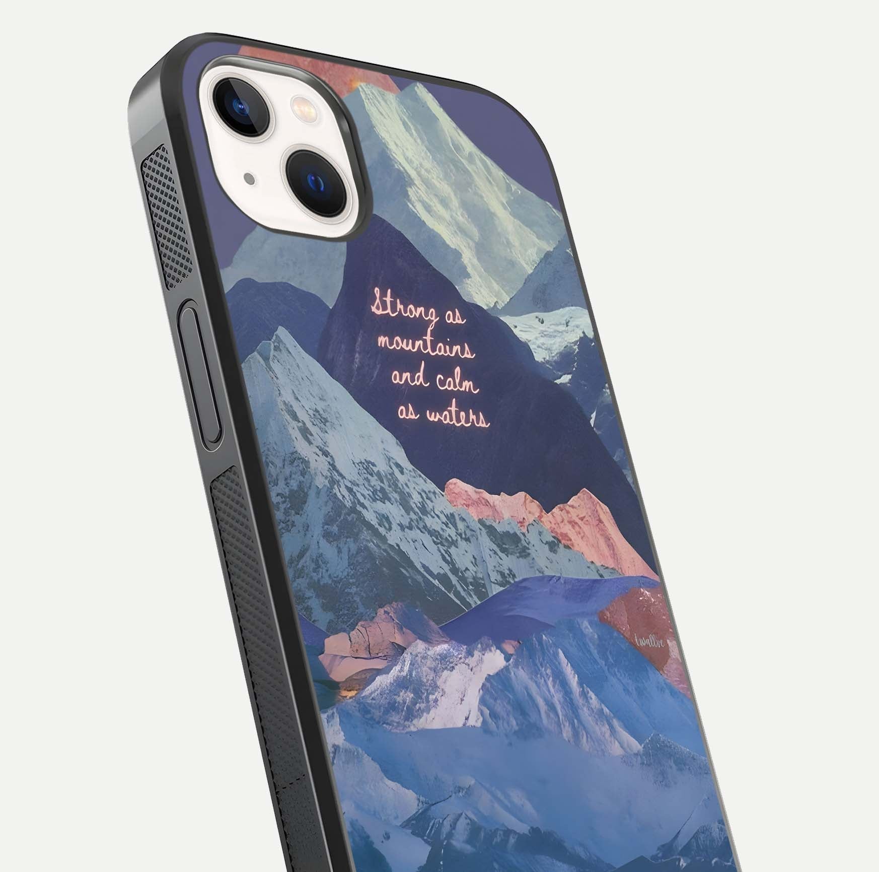 Celestial Mountain Calm Glass Case for iPhone 14 Plus close-up showing peak reflection and HD gloss texture