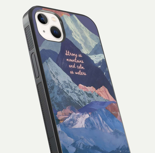 Celestial Mountain Calm Glass Case for iPhone 14 Plus close-up showing peak reflection and HD gloss texture