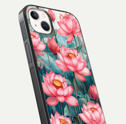 Celestial Pink Lotus Glass Case for iPhone 14 Plus close-up highlighting petal detail and HD glass reflection