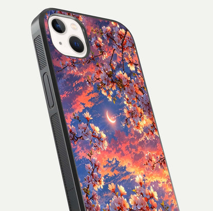 Celestial Sakura Sunset Glass Case for iPhone 14 Plus close-up image highlighting blossom petals and gloss shine