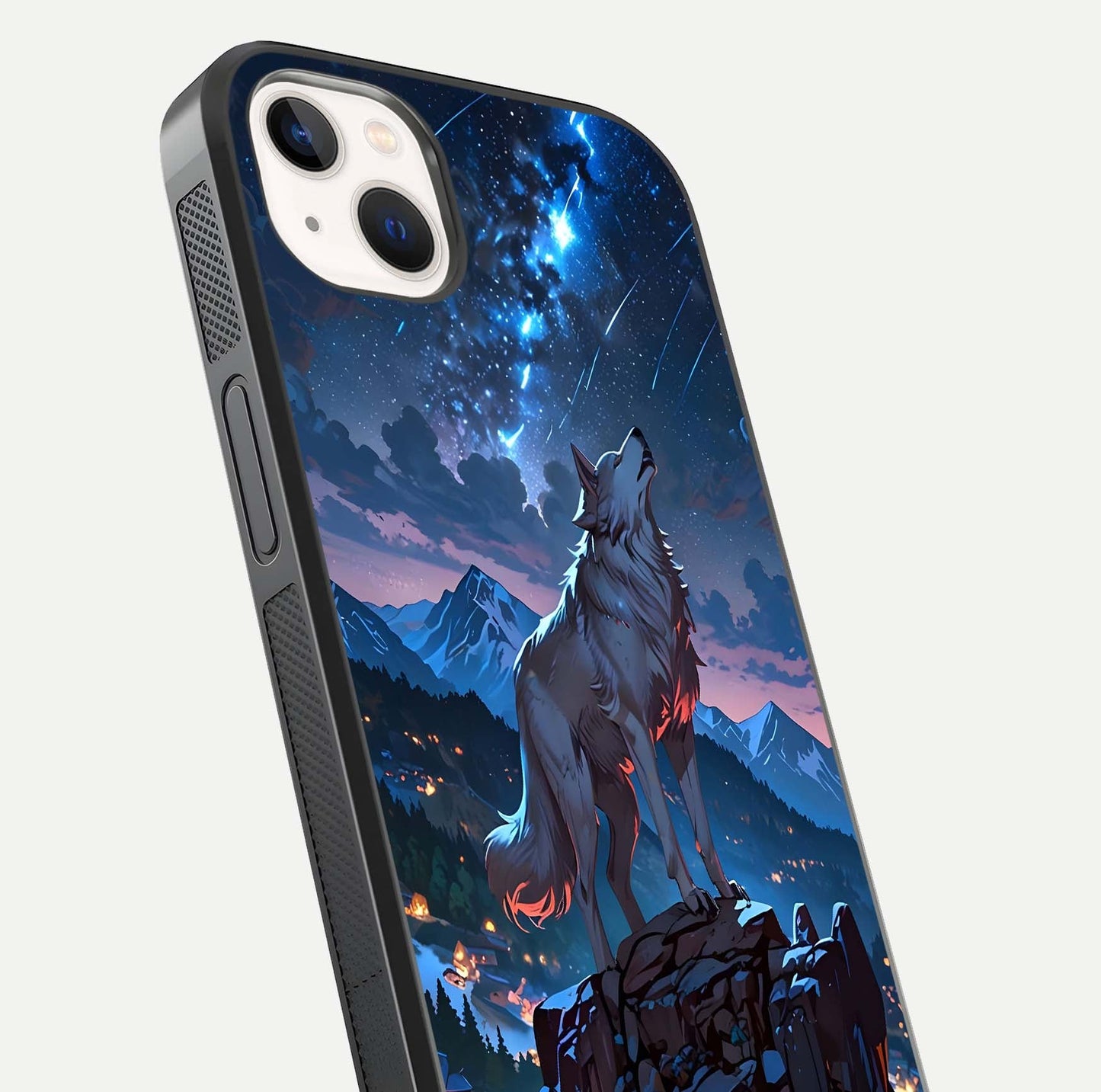Celestial Wolf Howl Glass Case for iPhone 14 Plus close-up showing wolf silhouette and glowing moon reflection