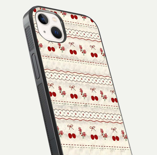Cherry Bloom Charm Glass Case for iPhone 14 Plus close-up showing pink petals and reflection detail