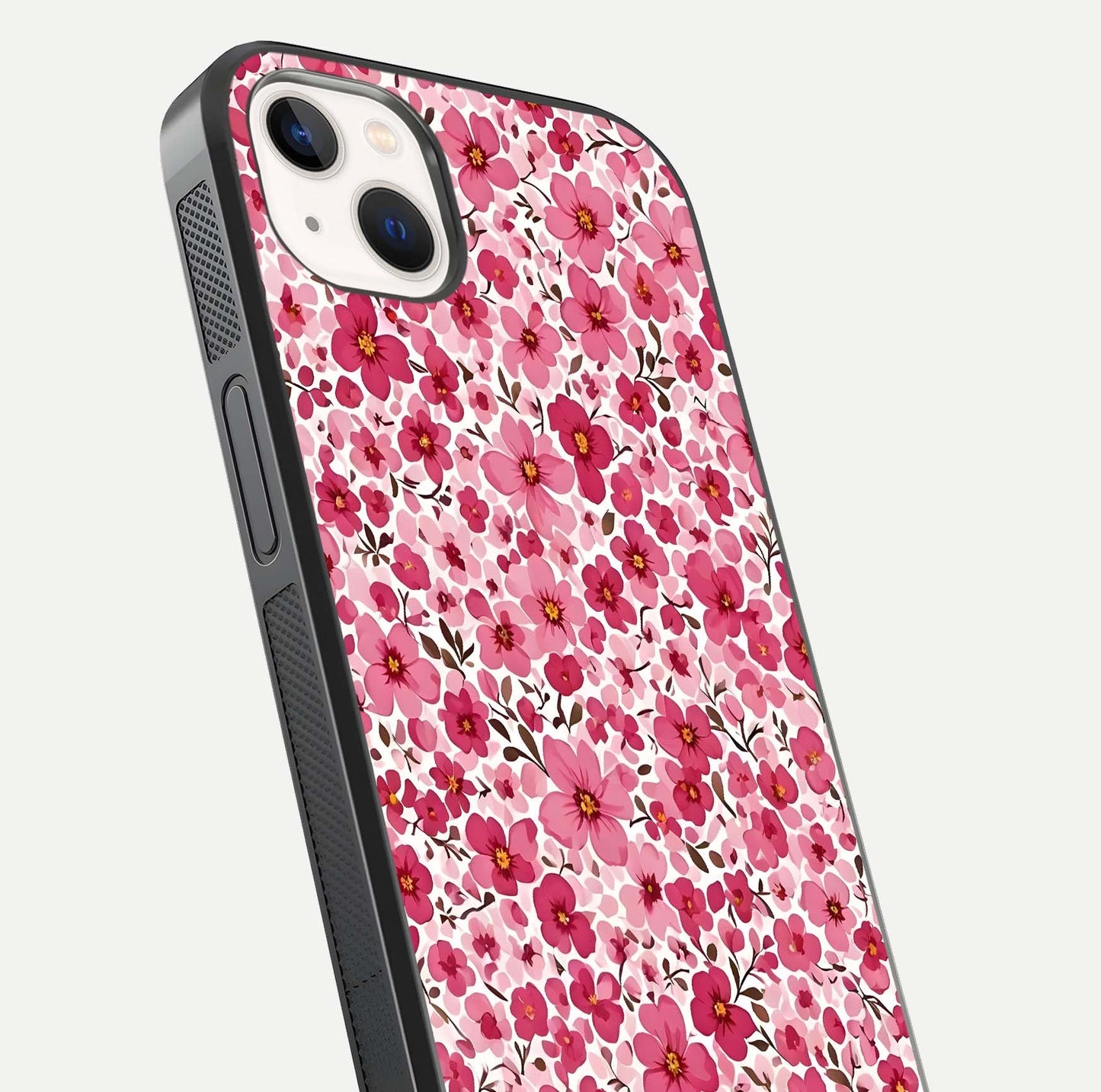 Cherry Blossom Charm Glass Case for iPhone 14 Plus close-up highlighting petal gradient and reflection shine