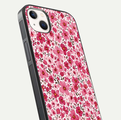 Cherry Blossom Charm Glass Case for iPhone 14 Plus close-up highlighting petal gradient and reflection shine