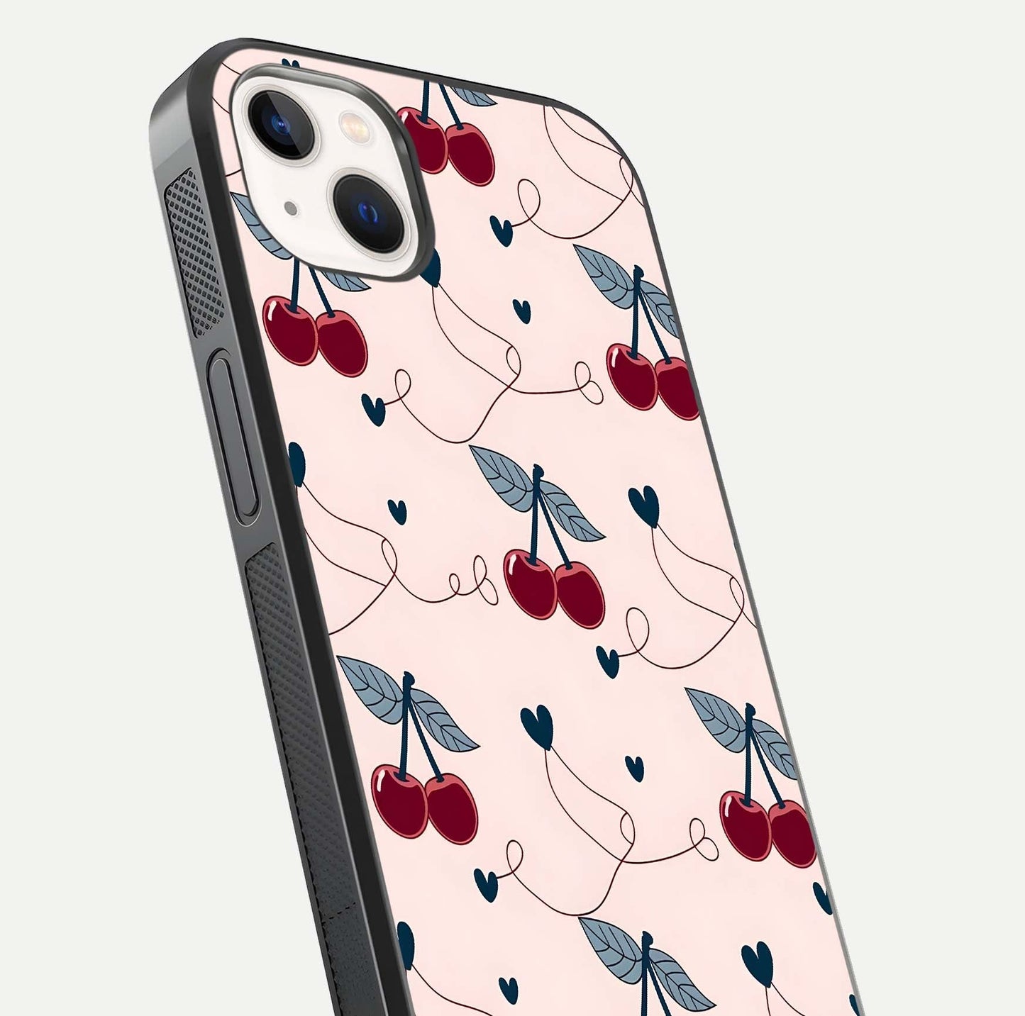 Cherry Heart Line Glass Case for iPhone 14 Plus close-up showing heart outline and HD reflection gloss