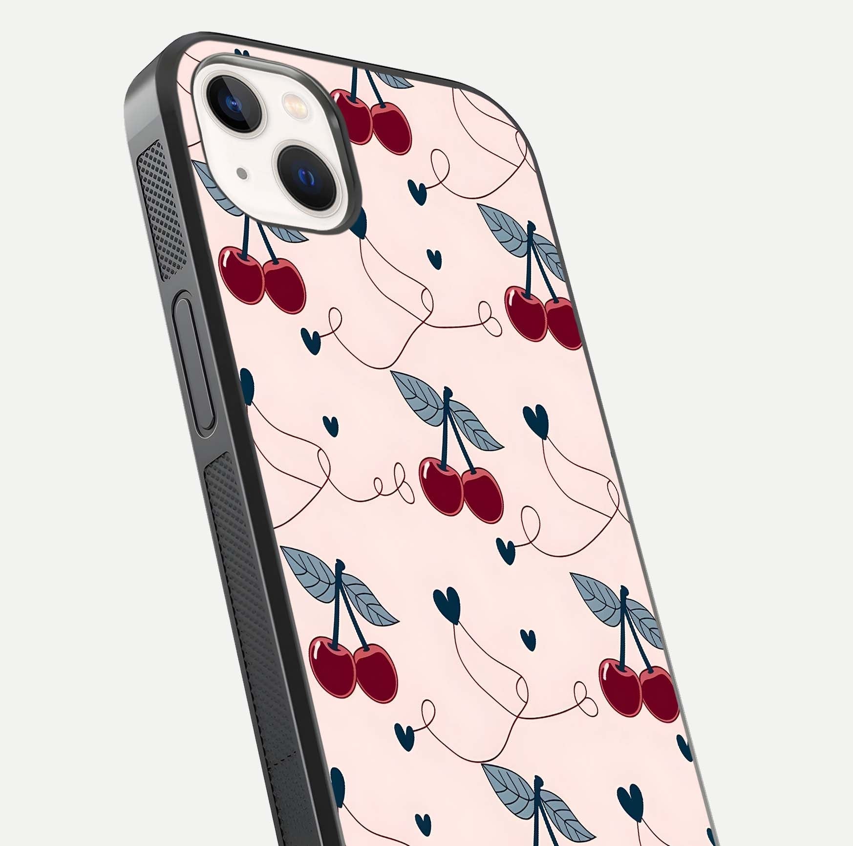 Cherry Heart Line Glass Case for iPhone 14 Plus close-up showing heart outline and HD reflection gloss