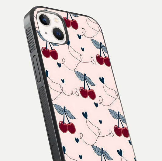 Cherry Heart Line Glass Case for iPhone 14 Plus close-up showing heart outline and HD reflection gloss