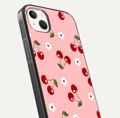 Cherry Love Mood Glass Case for iPhone 14 Plus close-up highlighting cherry heart pattern and reflection shine