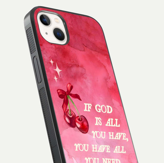 Cherry Quote Glass Case for iPhone 14 Plus close-up showing printed quote detail and HD reflection gloss
