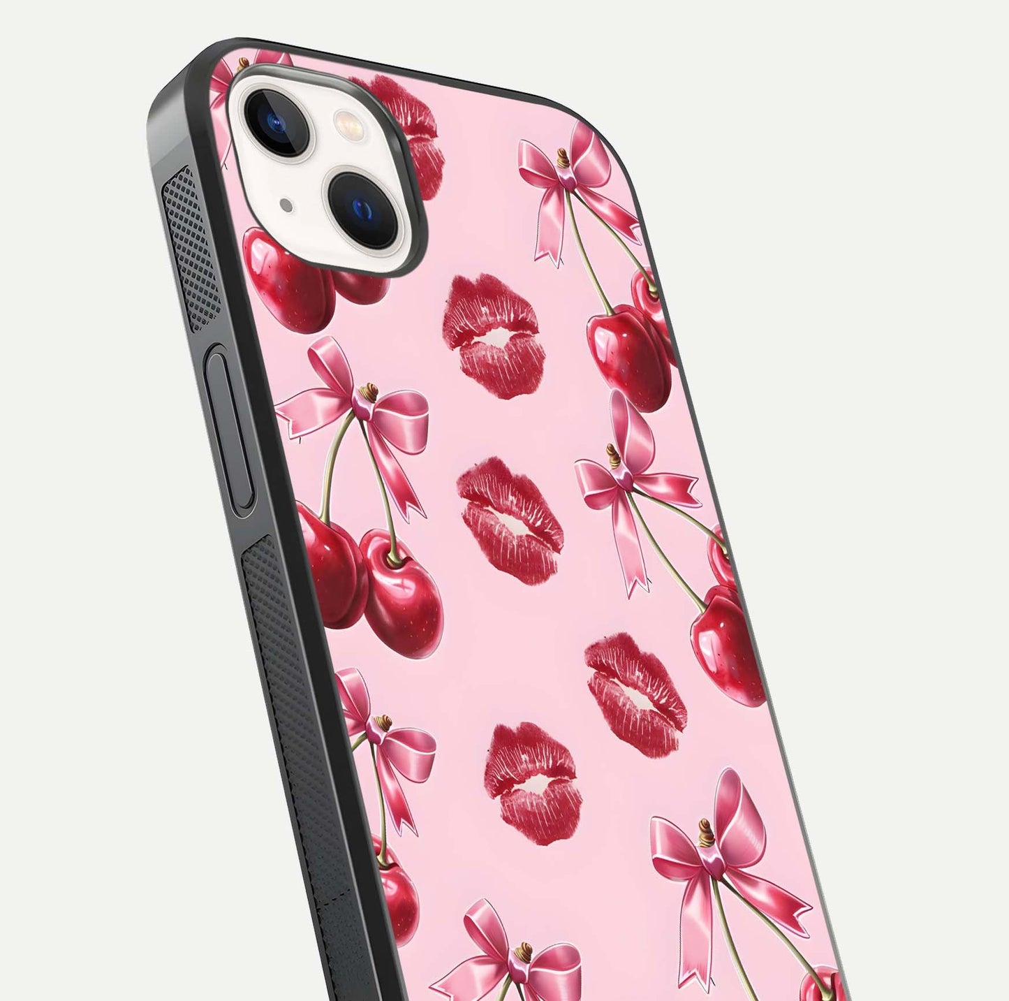 Cherry With Lips Glass Case for iPhone 14 Plus close-up view highlighting lips texture and reflection shine