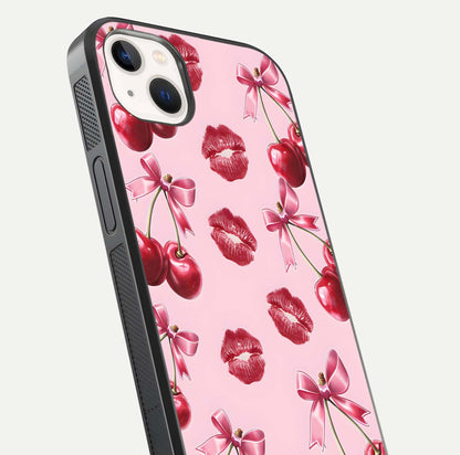 Cherry With Lips Glass Case for iPhone 14 Plus close-up view highlighting lips texture and reflection shine