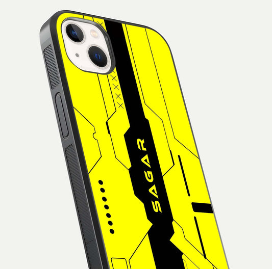 Circuit CYBERPUNK Custom Name Glass Case for iPhone 14 Plus close-up highlighting neon lines, futuristic tones, and gloss reflection