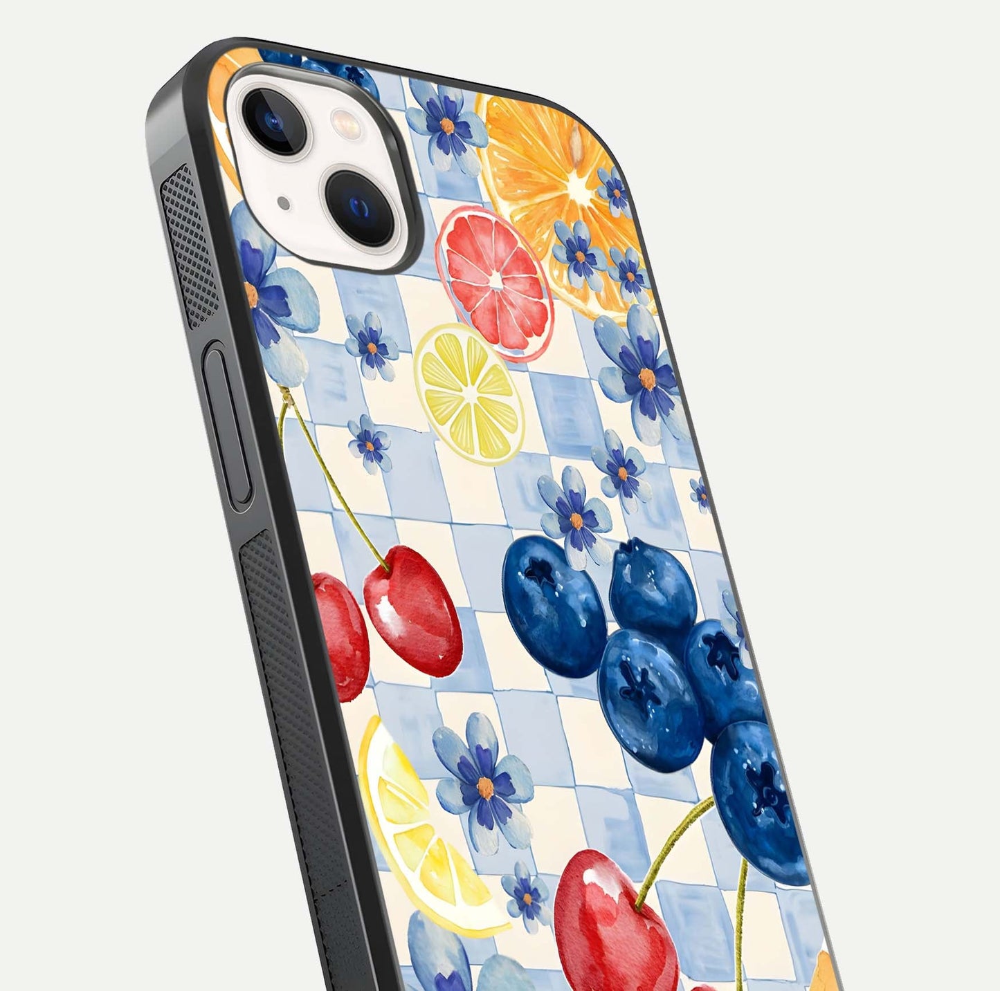 Citrus Bloom Joy Glass Case for iPhone 14 Plus close-up highlighting orange blossoms and reflection detail