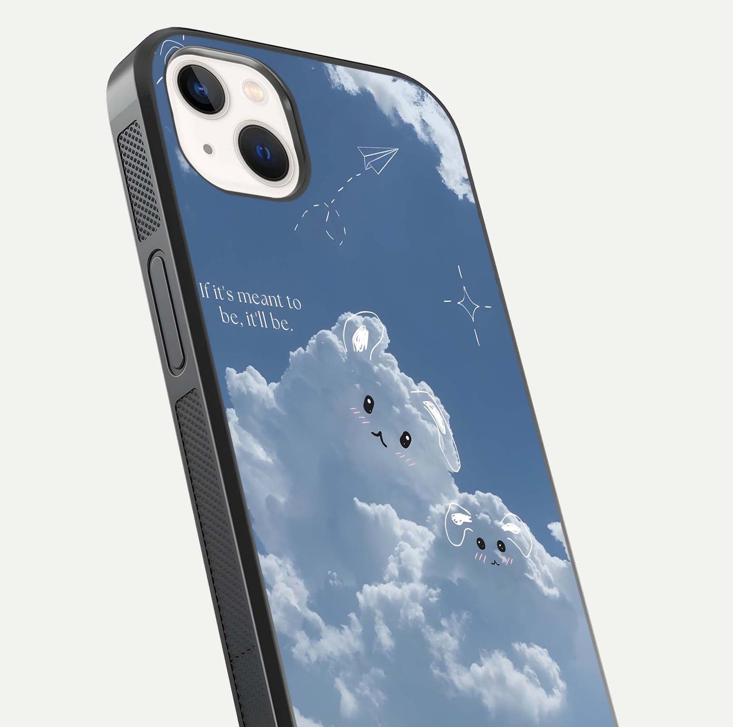 Cloud Bunny Dreams Glass Case for iPhone 14 Plus close-up showing bunny art, dreamy clouds, and HD shine
