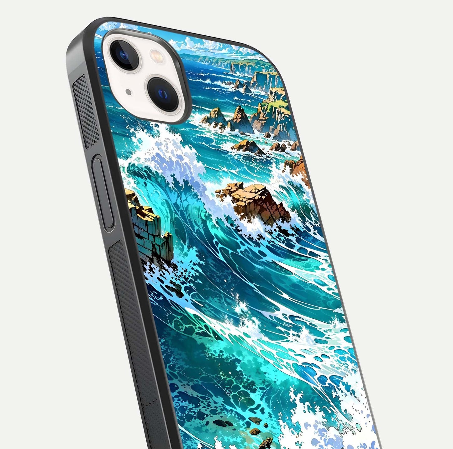 Coastal Blue Waves Glass Case for iPhone 14 Plus close-up highlighting wave texture and blue shine
