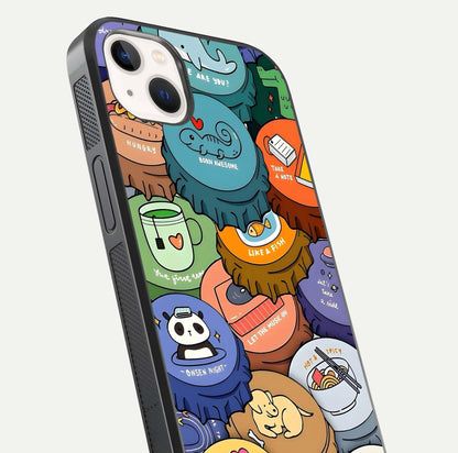 Coins Patterns Glass Case for iPhone 14 Plus close-up highlighting gold coin texture and reflection detail