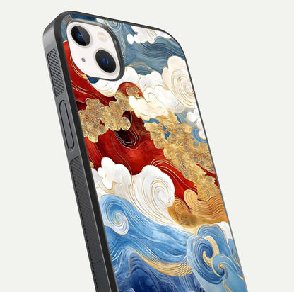 Colored Waves Glass Case for iPhone 14 Plus close-up angled shot highlighting gradient flow and light reflection