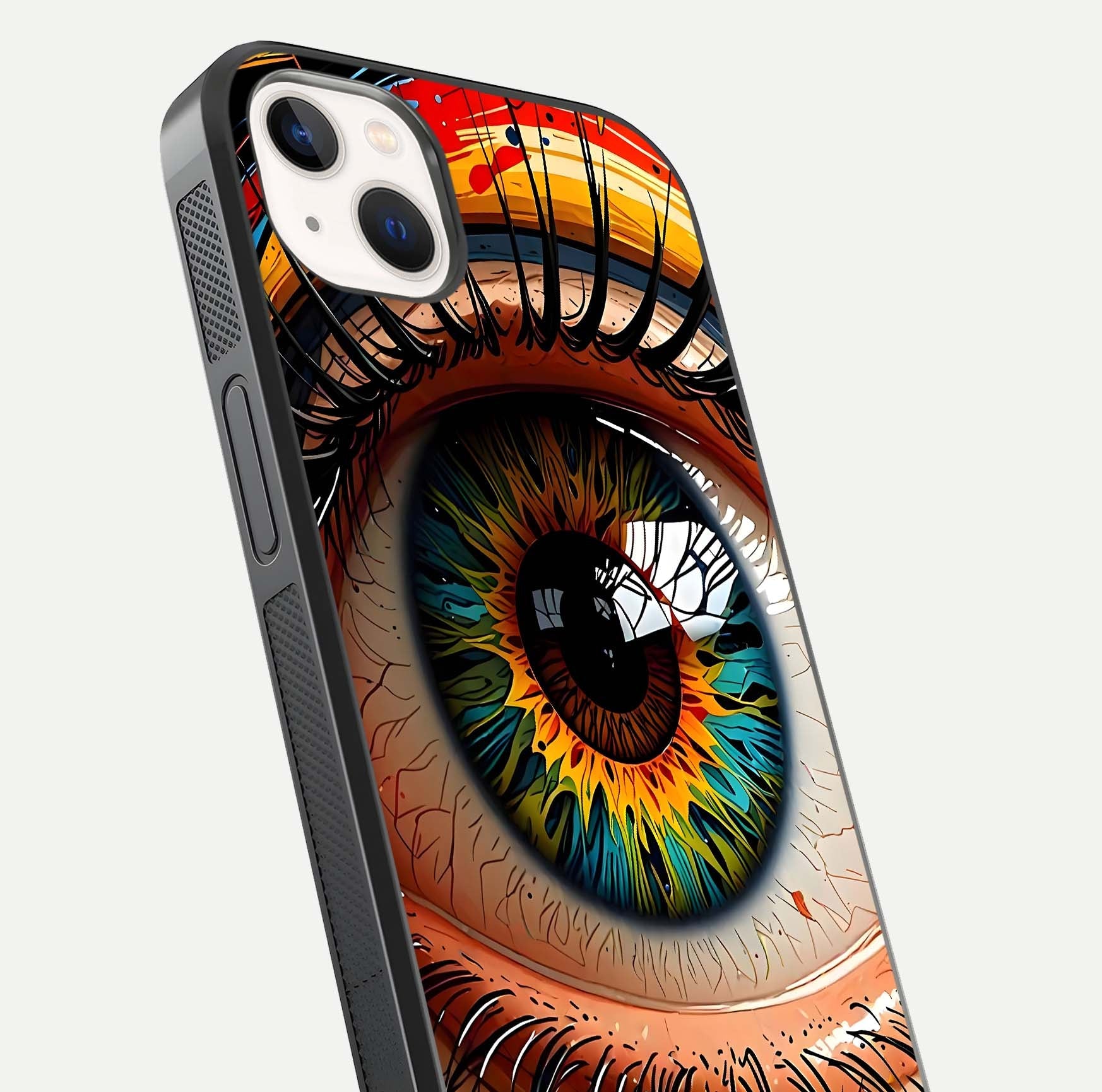 Colorful Eye Glass Case for iPhone 14 Plus close-up highlighting eye pattern detail and reflection shine