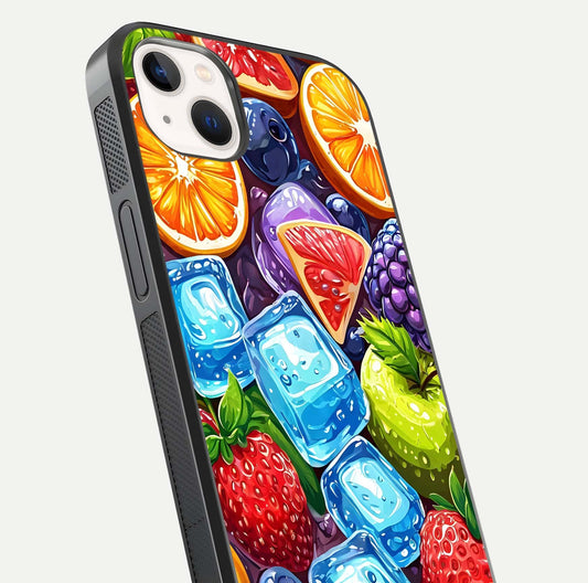 Colorful Fruits with Ice Glass Case for iPhone 14 Plus close-up highlighting fruit color and reflection glow