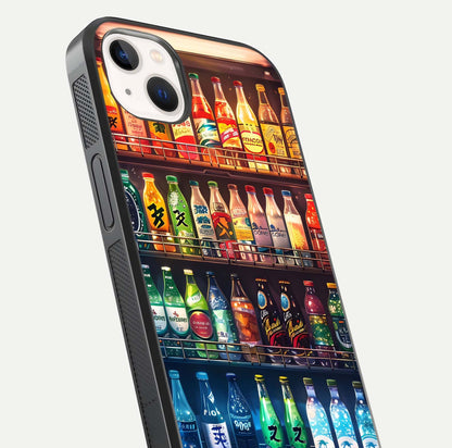 Colorful Soda Bottles Glass Case for iPhone 14 Plus close-up showing colorful bottles and HD reflection