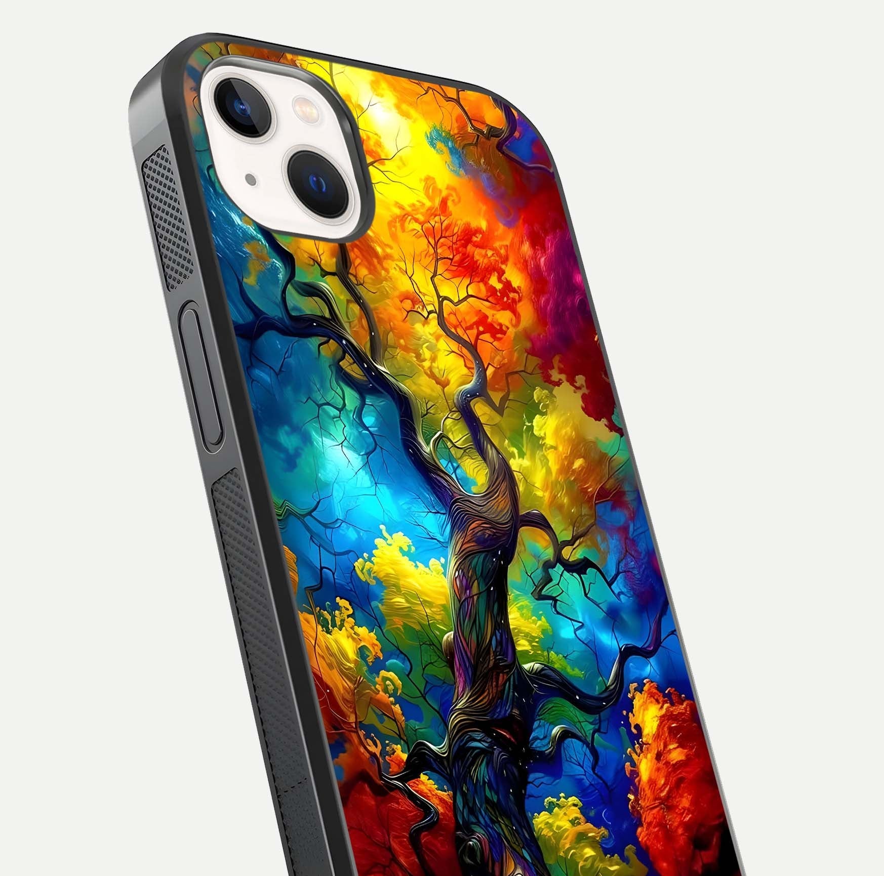 Colorful Tree Glass Case for iPhone 14 Plus close-up highlighting leaf detail, gradient colors, and shine