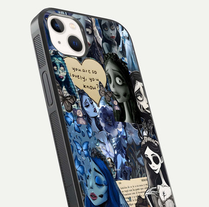 Corpse Bride Posters Glass Case for iPhone 14 Plus close-up highlighting detailed artwork and reflection polish