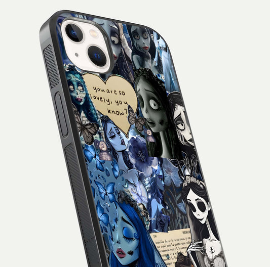 Corpse Bride Posters Glass Case for iPhone 14 Plus close-up highlighting detailed artwork and reflection polish