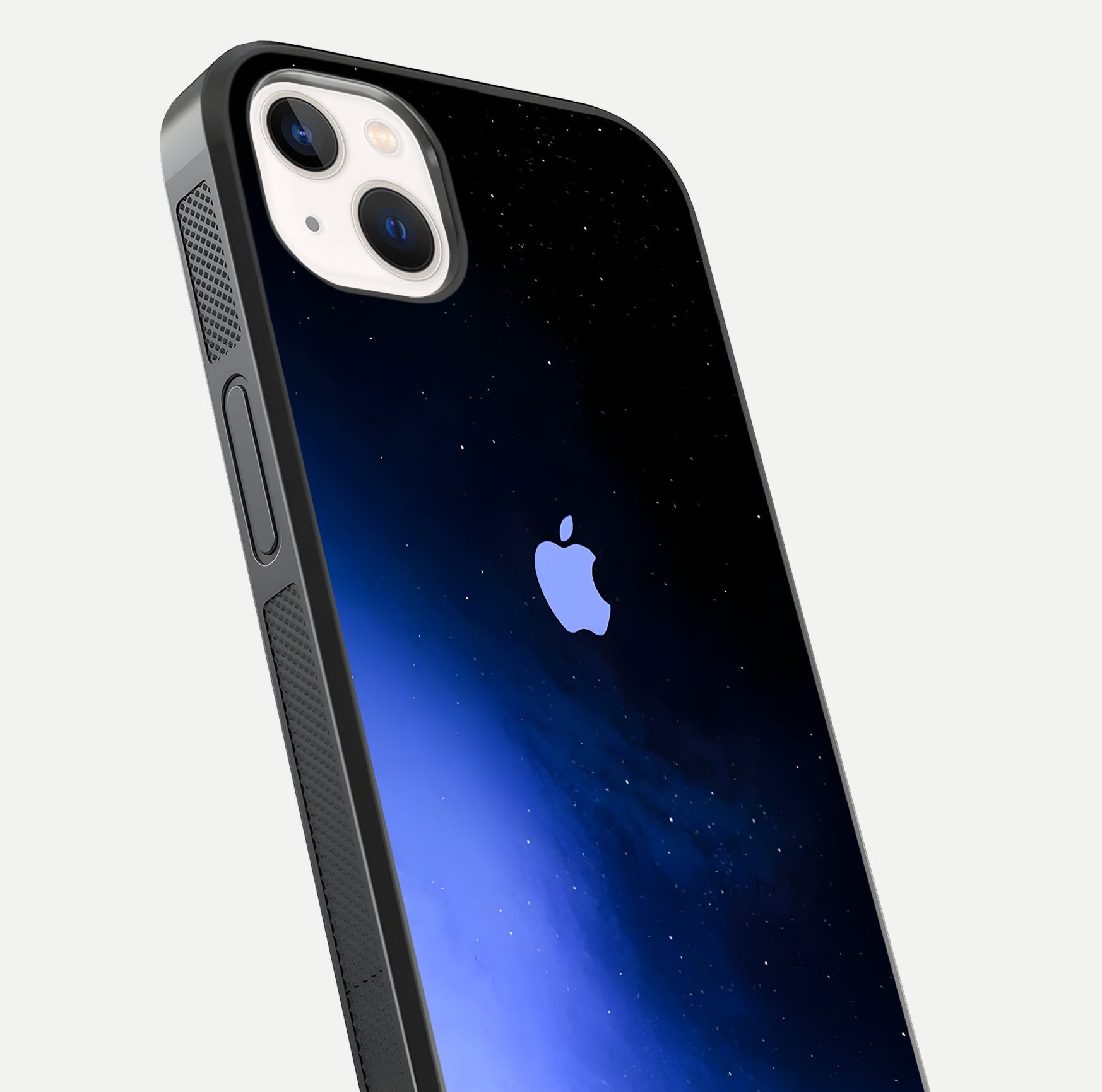 Cosmic Blue Apple Glass Case for iPhone 14 Plus close-up highlighting galaxy pattern, shine, and reflection detail