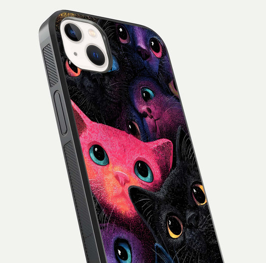 Cosmic Cats Dreams Glass Case for iPhone 14 Plus close-up highlighting cats and cosmic glow reflection