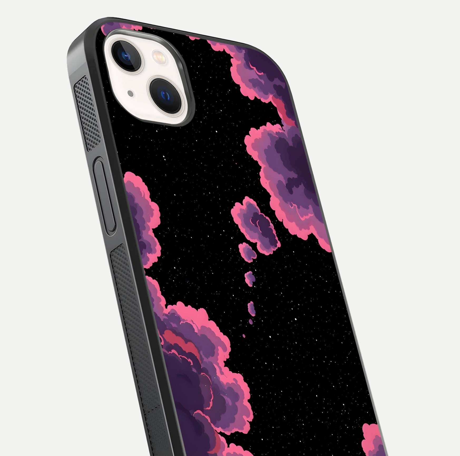 Cosmic Cloud Journey Glass Case for iPhone 14 Plus close-up highlighting star clusters and reflection texture