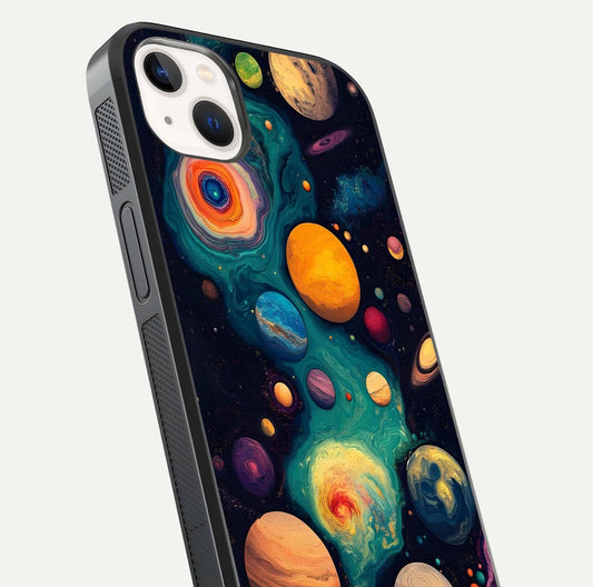 Cosmic Planet Journey Glass Case for iPhone 14 Plus close-up highlighting planets, stars, and shine reflection