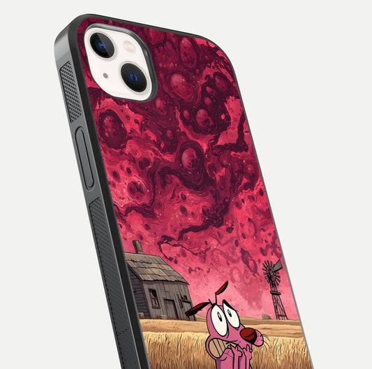 Courage Under Sky Glass Case for iPhone 14 Plus close-up highlighting typography and HD reflection