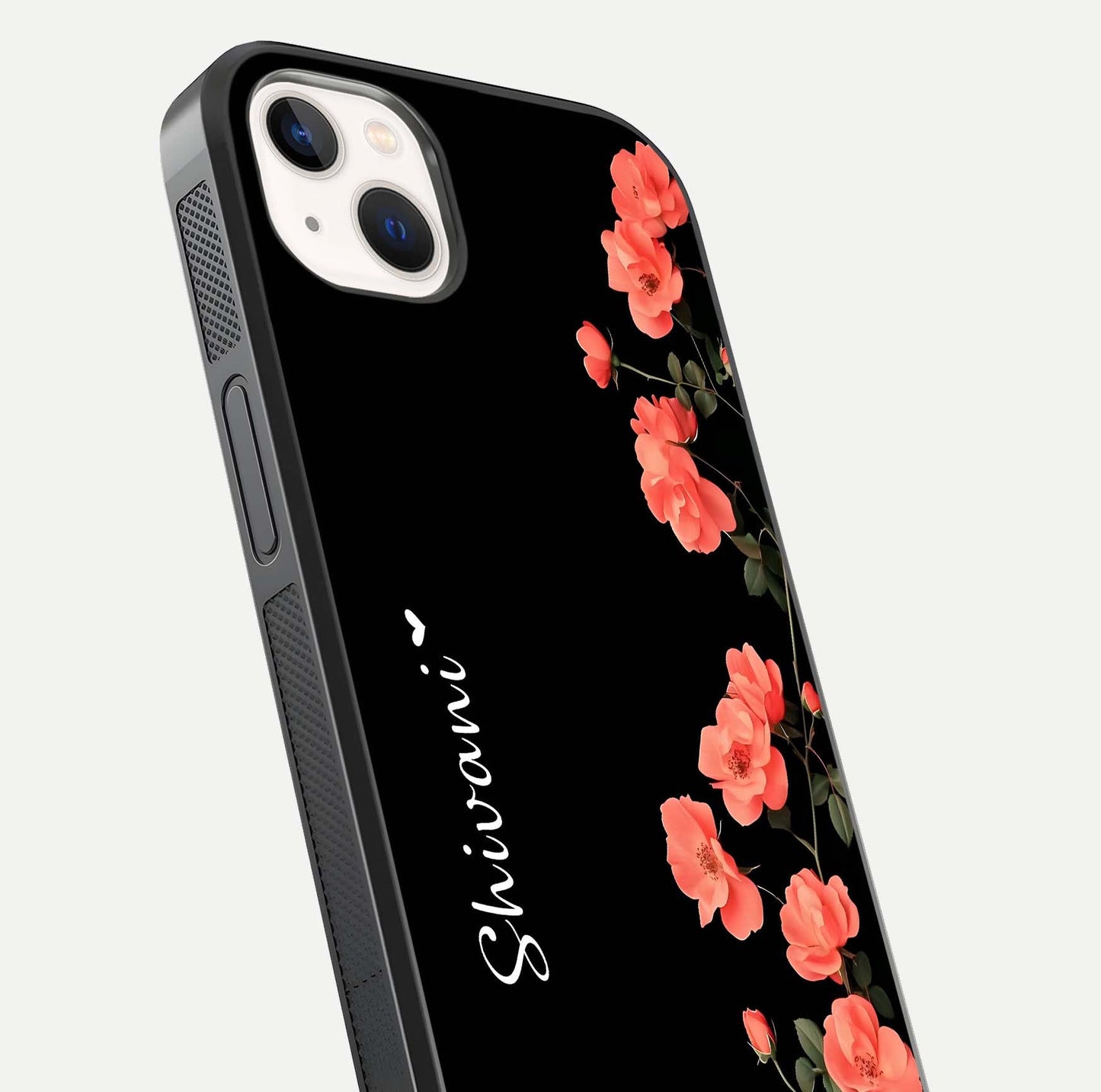 Crimson Bloom Grace Custom Name Glass Case for iPhone 14 Plus close-up highlighting flower pattern and reflection texture