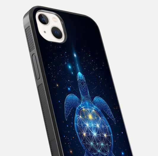 Crimson Blue Turtle Glass Case for iPhone 14 Plus close-up highlighting turtle shell detail and shine reflection