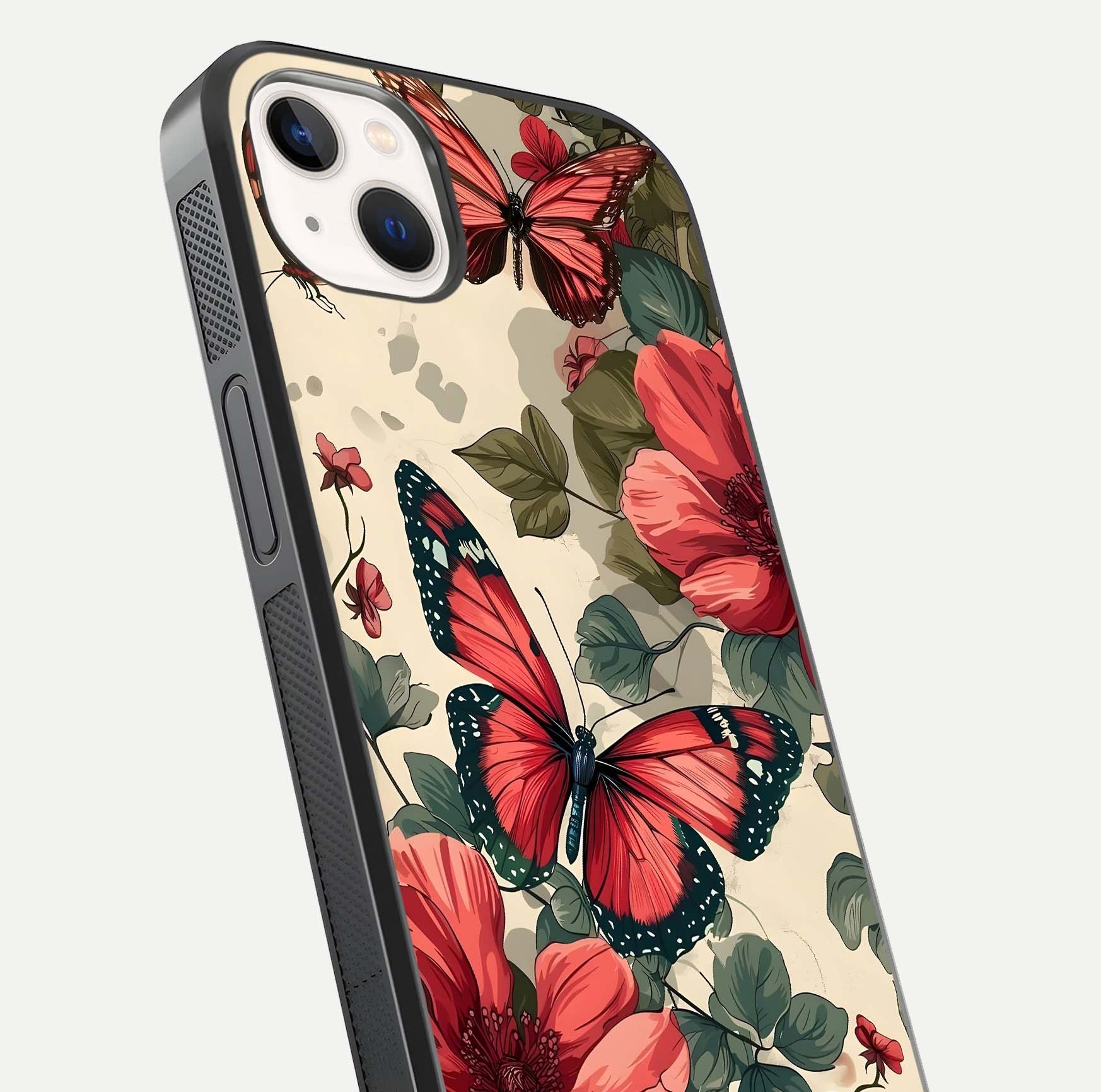 Crimson Butterfly Garden Glass Case for iPhone 14 Plus close-up showing wing detail and reflection shine