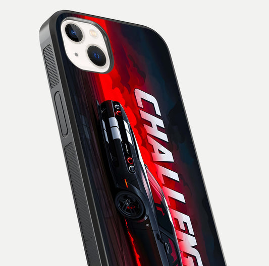 Crimson Challenger Fury Glass Case for iPhone 14 Plus close-up highlighting car details and reflection depth