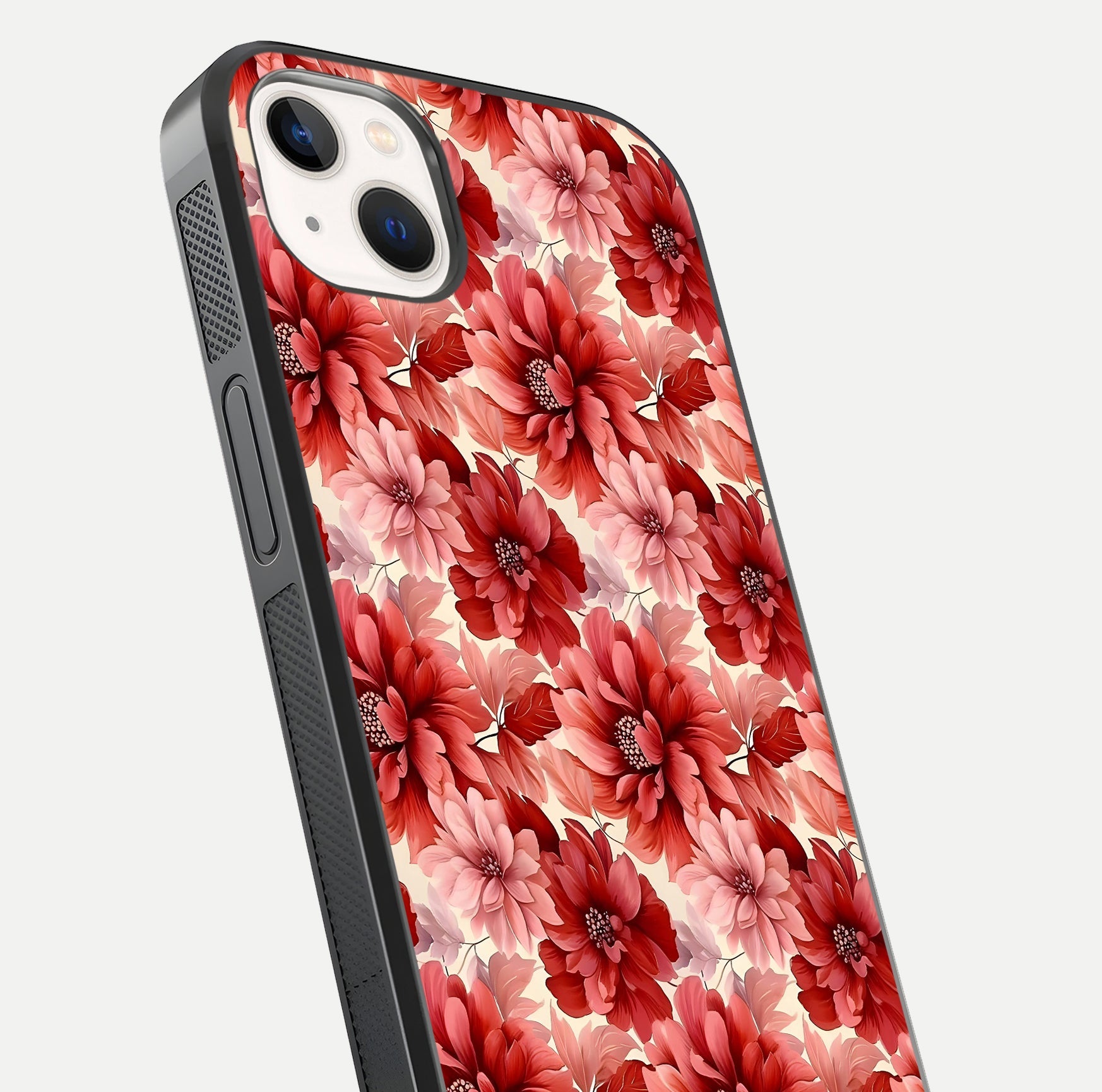 Crimson Love Petals Glass Case for iPhone 14 Plus close-up highlighting petal texture and light reflection