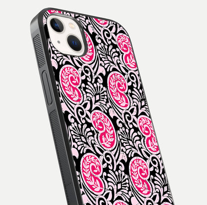 Crimson Paisley Charm Glass Case for iPhone 14 Plus close-up highlighting fine pattern detail and reflection tone