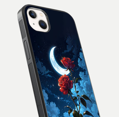 Crimson Rose Moon Glass Case for iPhone 14 Plus close-up showing rose detail and reflection highlight