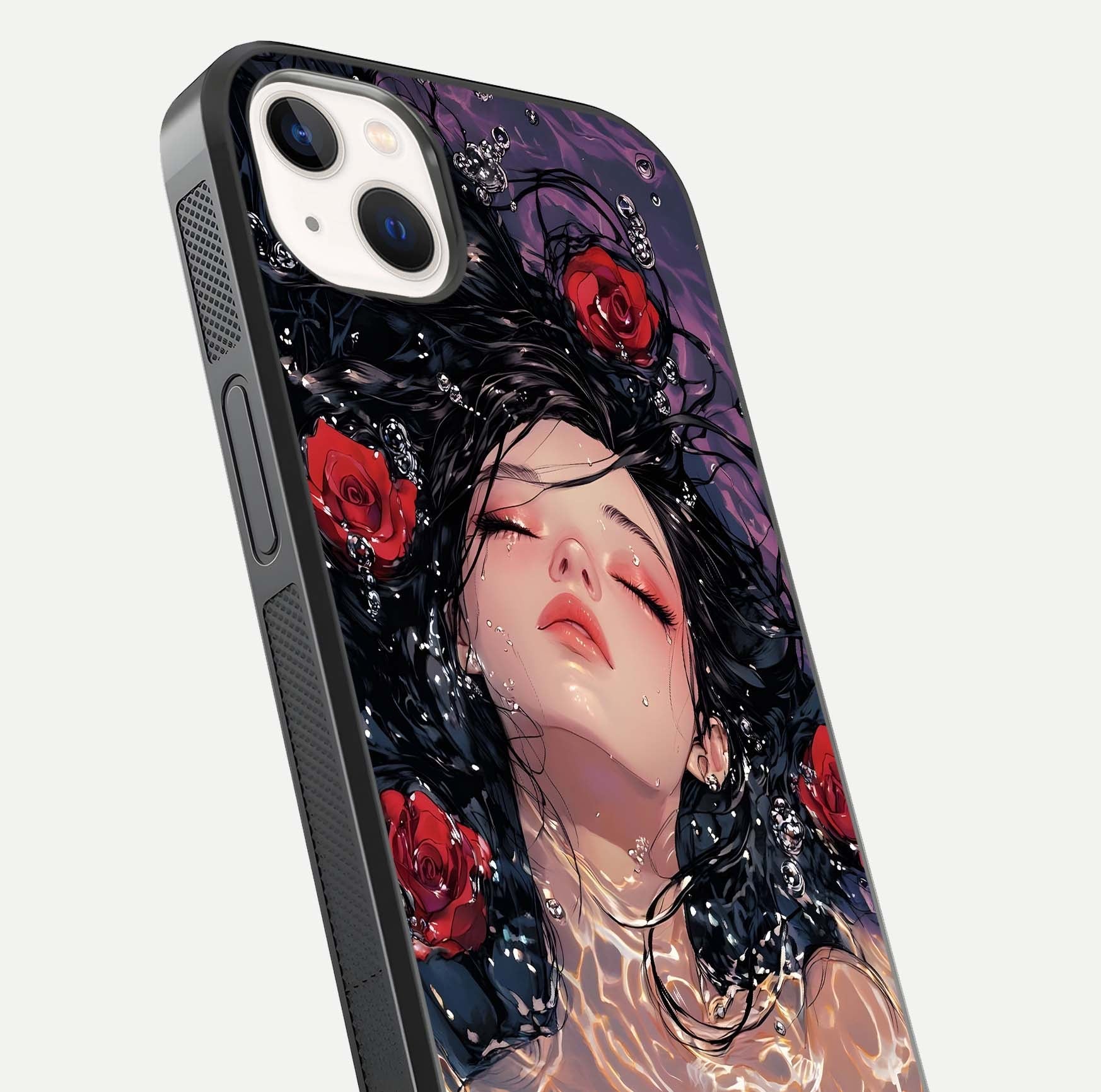 Crimson Rose Serenity Glass Case for iPhone 14 Plus close-up highlighting rose gradient and reflection detail