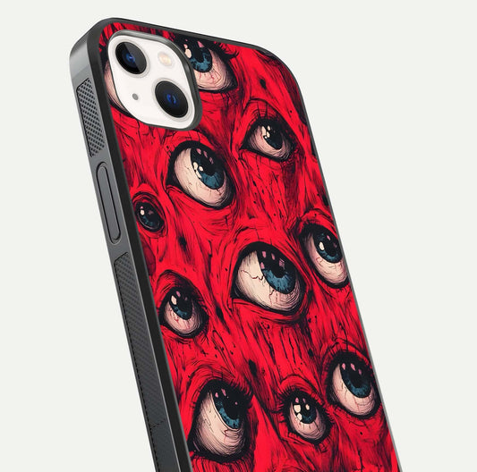 Crimson Watch Eyes Glass Case for iPhone 14 Plus close-up highlighting graphic detail and reflection
