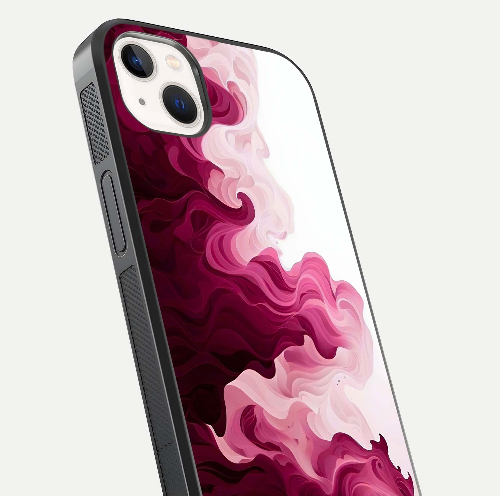 Crimson Wave Flow Glass Case for iPhone 14 Plus close-up highlighting flow texture and reflection tone