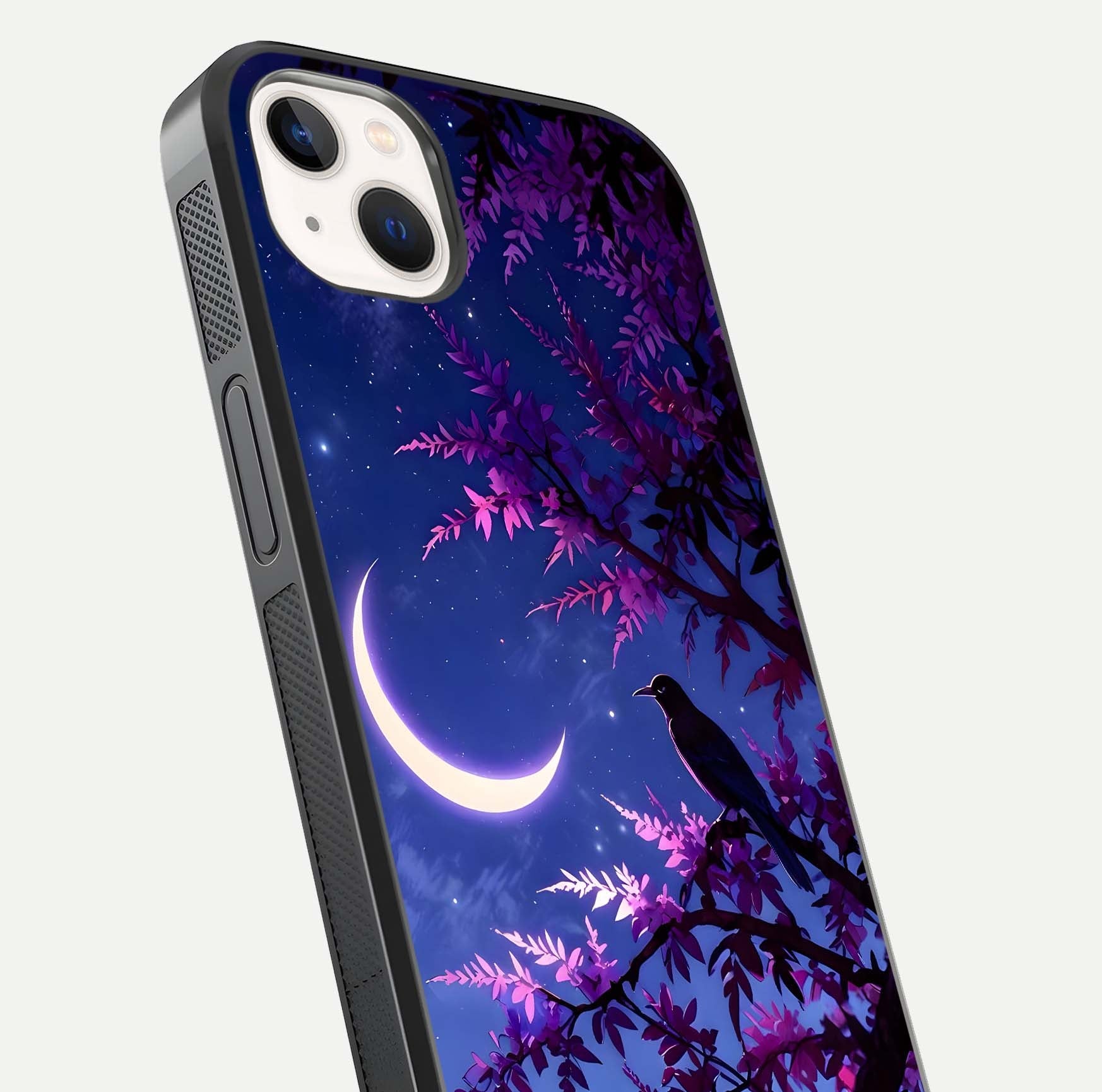 Crow & Moon Scenery Glass Case for iPhone 14 Plus close-up highlighting moon detail, dark tones, and glass reflection