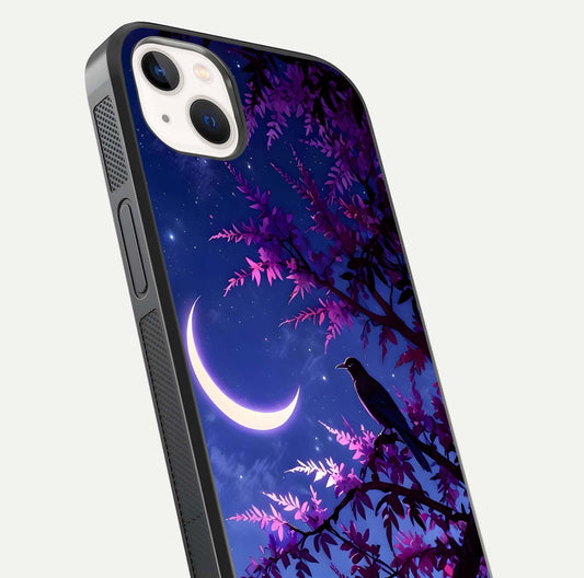Crow & Moon Scenery Glass Case for iPhone 14 Plus close-up highlighting moon detail, dark tones, and glass reflection