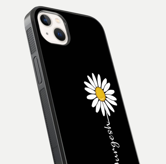 Custom Name White Flower Glass Case for iPhone 14 Plus close-up highlighting petals, name print, and reflection polish