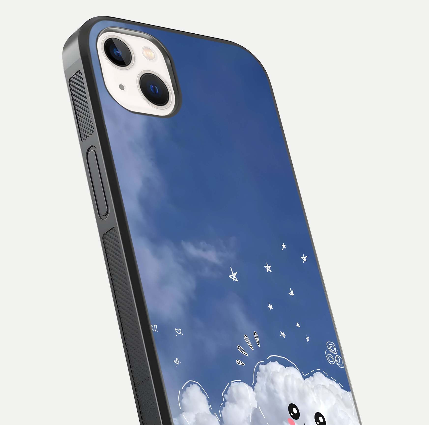Cute Blossom Cloud Glass Case for iPhone 14 Plus close-up highlighting pink flower tones and reflection glow