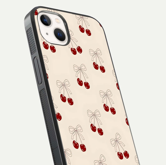Cute Cherry Pattern Glass Case for iPhone 14 Plus close-up showing cherry cluster details and light reflection