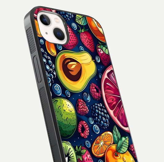 Cute Fruits Art Glass Case for iPhone 14 Plus close-up highlighting fruit shapes, color tones, and reflection polish