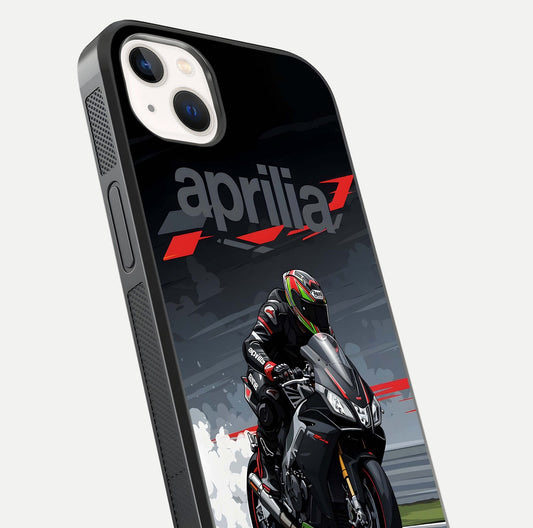 Dark Aprilla Glass Case for iPhone 14 Plus close-up highlighting detailing and reflection effect