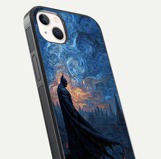 Dark Knight Dusk Glass Case for iPhone 14 Plus close-up highlighting dark suit texture and reflection detail
